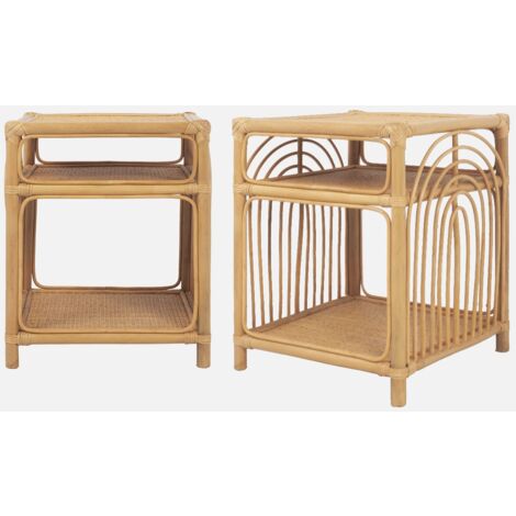 Set Di 2 Comodini In Rattan Naturale – Tavolini Bohémien Con Antina, Colore Nero, Struttura In Metallo, 47x37x56 Cm - 2