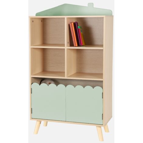 Biblioteca per bambini in legno di pino 2 porte e 4 scaffali