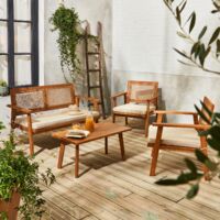 Salotto da giardino in legno e canna rotonda, 4 posti