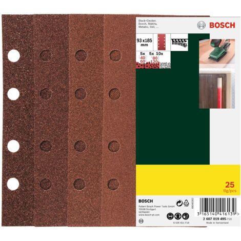 BOSCH - 25 FOGLI ABRASIVI PER LEVIGATRICE 8 FORI 93x185MM GRANA 40/60/80/120