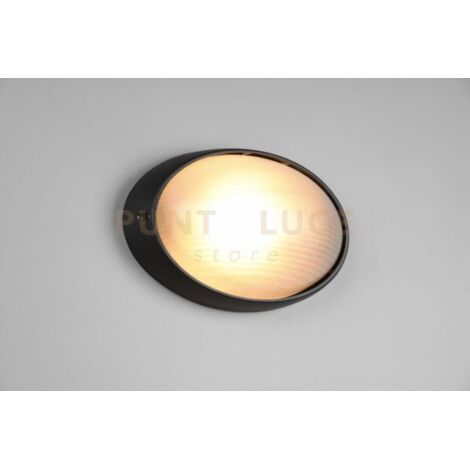 TEMO PLAFONIERA APPLIQUE DA ESTERNO OVALE FUSIONE DI ALLUMINIO NERA E VETRO SATINATO L.32CM IP44 1 LUCE ATTACCO E27