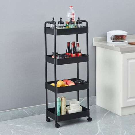Desserte de cuisine à roulettes noire 4 niveaux H 119 x L 41 x P 28,5 cm – Plastique résistant – Roulettes multidirectionnelles avec blocage