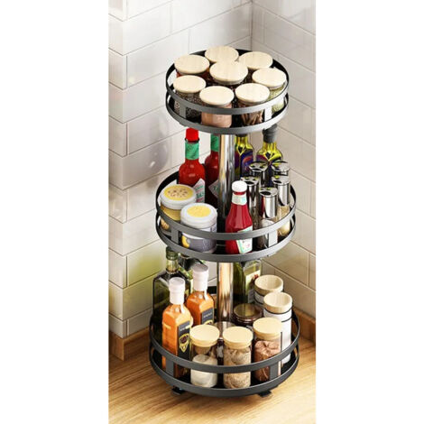 Etagère à épices rotative 3 niveaux – Métal noir – Hauteur 57,5 cm – Diamètre 26 cm – Ventouses pour stabilité