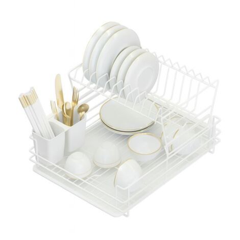 Égouttoir de cuisine modulable double niveau – Métal épais blanc – 2 porte-couverts suspendus – Plateau récupérateur d'eau – Dimensions L 38 x l 26 x H 24 cm