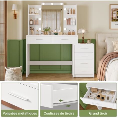 Coiffeuse Avec Miroir LED Lumineux - 6 Tiroirs, 4 étagères, Rangement Max | Blanc Design - 10