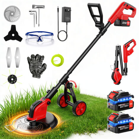 INNOPOWER Débroussailleuse sans Fil a Batterie Coupe-bordure Coupe-herbe avec 2 Batteries 3.0Ah 4 Types de Lames Tête Pivotante Roues Réglable Tube Pliable Moteur 850W pour Jardin Court