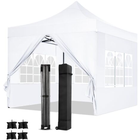 Carpa plegable de jardín. Gazebo plegable impermeable Spire 3x3m con paneles laterales. Carpa de exterior. Altura ajustable. UV. y protección contra el agua, Barnum plegable para bodas, picnics, merca