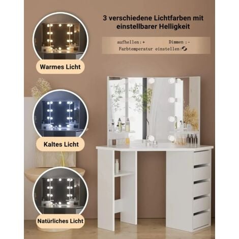Coiffeuse avec Miroir, avec 10 Ampoules LED, Luminosité Réglable, 112x50x142.5 cm, Table de Maquillage, 5 Tiroirs et 3 Étagères de Rangement, Style Moderne, Blanc
