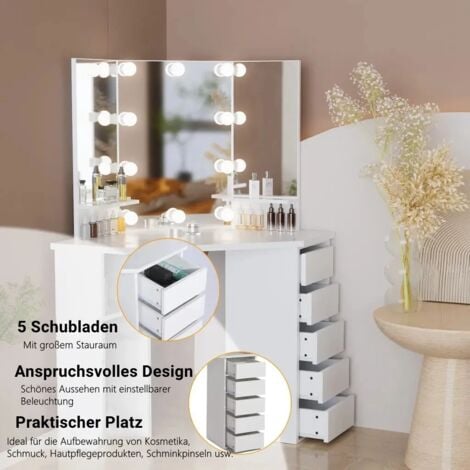 Coiffeuse avec Miroir, avec 10 Ampoules LED, Luminosité Réglable, 112x50x142.5 cm, Table de Maquillage, 5 Tiroirs et 3 Étagères de Rangement, Style Moderne, Blanc