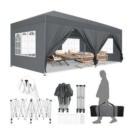 Tonnelle Pliante de Jardin 3x6M Imperméable Anti-UV Réglable, Barnum pliant renforcé de 6 parois, avec sac de transport et 4 sacs de sable pour mariage extérieur, pique-nique,camping, marché Gris (1/5)