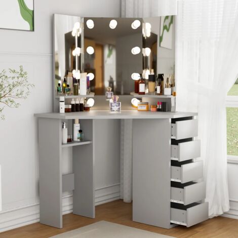 Coiffeuse moderne avec miroir et 10 ampoules LED – Luminosité réglable – Dimensions 112x50x142.5 cm – 5 tiroirs et 2 étagères de rangement
