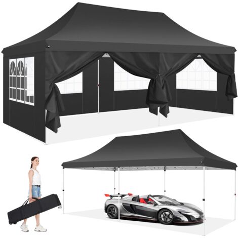 3x6m Tonnelle pliante de jardin Pop-up Imperméable Anti-UV, Barnum pliant avec 6 parois latérales amovibles et sac de transport pour mariage, marché, pique-nique,camping - Gris foncé