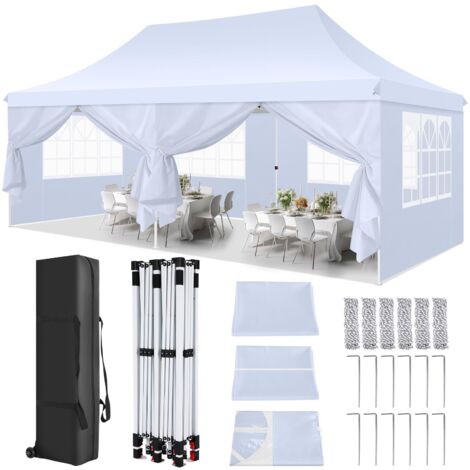 3x6m Tonnelle pliante de jardin Pop-up Imperméable Anti-UV, Barnum pliant avec 6 parois latérales amovibles et sac de transport pour mariage, marché, pique-nique,camping - Blanc