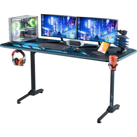 Bureau gamer ergonomique 160x75x75 cm – Panneau de particules et fer – Support casque et porte-gobelet – Tapis de souris microfibre