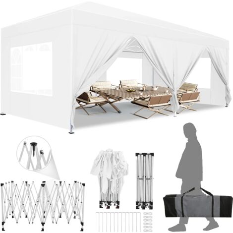 Tonnelle Pliante de Jardin 3x6M Imperméable Anti-UV Réglable, Barnum pliant renforcé de 6 parois, avec sac de transport et 4 sacs de sable pour mariage extérieur, pique-nique,camping, marché Blanc