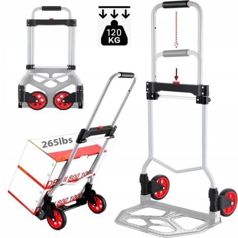 Diable pliant 120kg – Chariot de transport pliable en aluminium – Roues en caoutchouc 14cm – Pour bagages, courses, camping