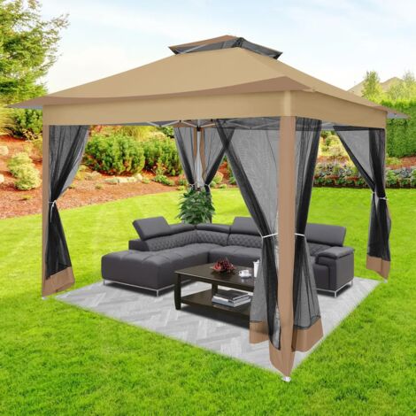 Tente pliable 3,6x3,6 m – Pavillon imperméable avec protection UV 50+ – Double toit aéré – Sac de transport inclus – Brun