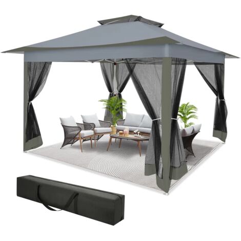 Tente Pliable Barnum 3.6x3.6 m Pavillon Imperméable Tonnelle de Jardin, Protection du Soleil UV 50+, double toit avec trou d'aération, sac de transport - Gris