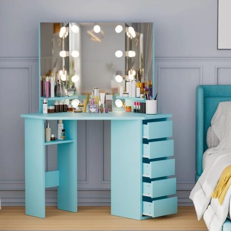 Coiffeuse avec Miroir, avec 10 Ampoules LED, Luminosité Réglable, 112x50x142.5 cm, Table de Maquillage, 5 Tiroirs et 3 Étagères de Rangement, Style Moderne, Bleu