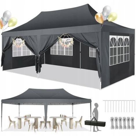 3x6m Tonnelle de Jardin Pliante Anti-UV Imperméable avec parois latérales amovibles, Tente de réception pour Camping, Pique-nique, Activités extérieures Gris