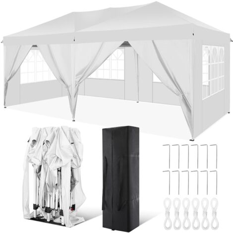 3X6M Tonnelle pliante de Jardin Imperméable, Barnum pliant Anti-UV pour différentes activités extérieures avec 6 parois latérales et sac de transport Blanc