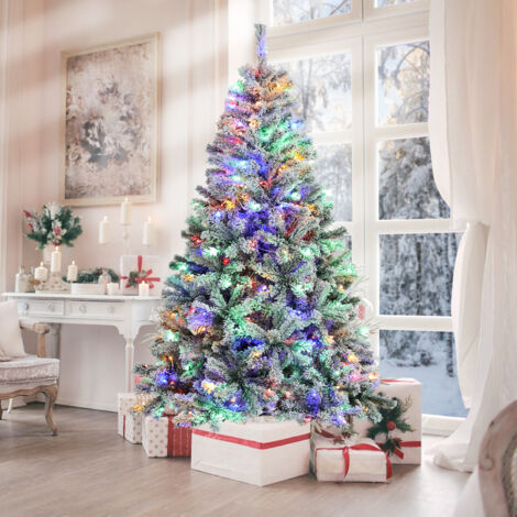Sapin de Noël artificiel 183 cm – 640 branches en PVC – 250 lumières LED multicolores – Support métallique stable – Prémonté pour installation rapide