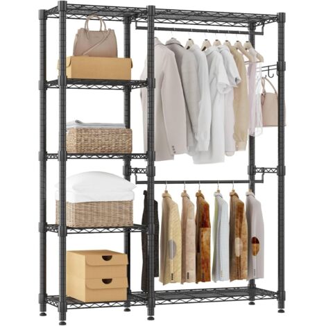 114 x 45 x 195 cm Armoire ouverte pour chambre à coucher, portant à vêtements robuste avec 5 étagères réglables en hauteur, 2 tringles et 4 crochets, portant métallique autoportant, Noir (1/5)