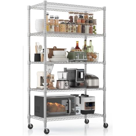91x45x208 cm Étagère industrielle lourde à roulettes réglable en hauteur, Étagère de rangement à 5 niveaux, 1020 KG Capacité de charge, Rangement garage, entrepôt, cuisine multifonctionnel, argenté