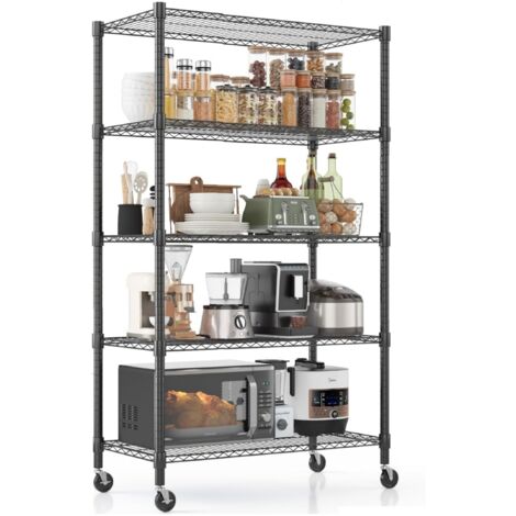 91x45x208 cm Étagère industrielle lourde à roulettes réglable en hauteur, Étagère de rangement à 5 niveaux, 1020 KG Capacité de charge, Rangement garage, entrepôt, cuisine multifonctionnel, Noir