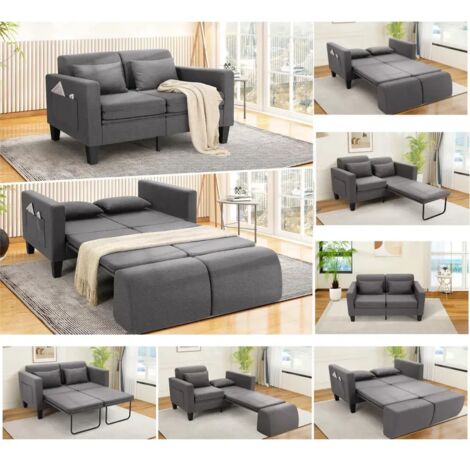 Canapé-lit convertible 6 en 1, 147 cm Canapé-lit futon pliable moderne en lin, petits espaces, 2 places avec dossier amovible, poches de rangement et 2 coussins, Gris (1/5)