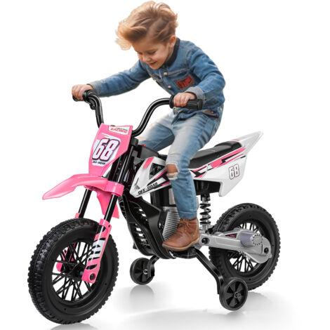 Moto électrique pour enfants 12V verte, jusqu'à 5 km/h, 2 x 30 W, avec stabilisateurs et musique Bluetooth - Véhicule électrique pour enfants, Rose
