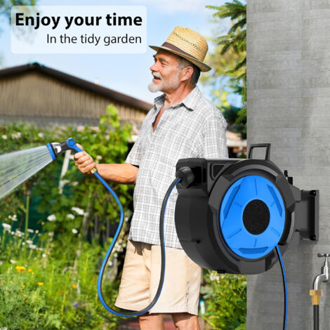 Enrouleur de tuyau retractable 30M+2M  1/2 po Dévidoir Automatique,  support pivotant a 180°, tuyau dearrosage mural avec Pistolet Arrosage 10 Buse, rembobinage automatique