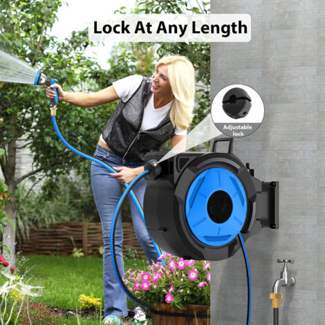Enrouleur de tuyau retractable 20M+3M 1/2 po Dévidoir Automatique, support pivotant a 180°, tuyau dearrosage mural avec Pistolet Arrosage 10 Buse, rembobinage automatique (1/5)