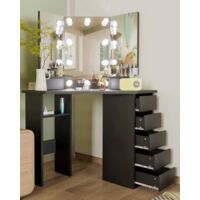 Coiffeuse moderne avec miroir – 10 ampoules LED réglables – 112x50x142.5 cm – 5 tiroirs et 2 étagères – Bois MDF noir