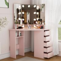Coiffeuse moderne avec miroir et 10 ampoules LED – Luminosité réglable – Dimensions 112x50x142.5 cm – 5 tiroirs et 2 étagères de rangement