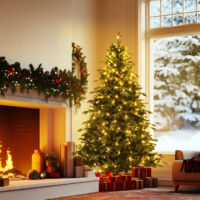 76 x 76 x 183 cm Sapin de Noël artificiel 6FT mélange PE-PVC, sapin prémonté intérieur cadeaux, sapin noble sapin de Nordmann épicéa, avec 250 lumières LED chaudes, support en métal et branches à char