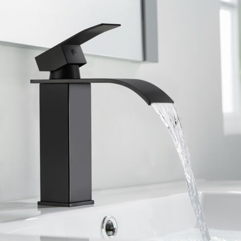 Wasserhahn Bad Schwarz, Wasserfall Waschtischarmatur aus Edelstahl, Mischbatterie Waschbecken mit Auslauf Höhe 123 mm (1/5)