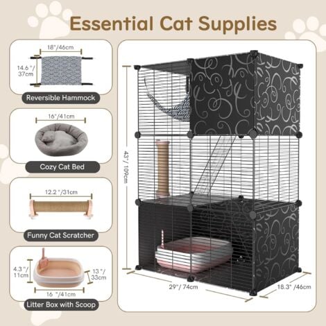 Cat Cages Indoor, 3 Tier Cat Cage Enclosures, DIY Metal Wire Cat Crate Playpen House Kennel Condo Villa with Cat Litter Box, Suitable for Ferret, Chinchilla, Hamster