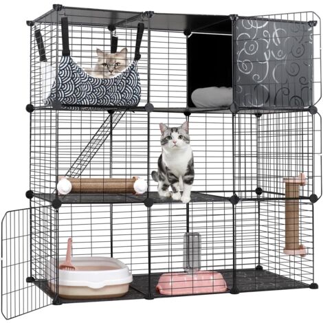 Cat Cages Indoor, 3 Tier DIY Cat Enclosure with Large Hammock, Metal Wire Cat House Kennels Crate Catio with Cat Litter Box, Cat Bed, Scratchers, Bowl, Stairs for 1-2 Cats