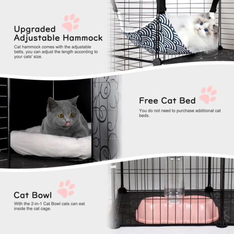 Cat Cages Indoor, 3 Tier DIY Cat Enclosure with Large Hammock, Metal Wire Cat House Kennels Crate Catio with Cat Litter Box, Cat Bed, Scratchers, Bowl, Stairs for 1-2 Cats