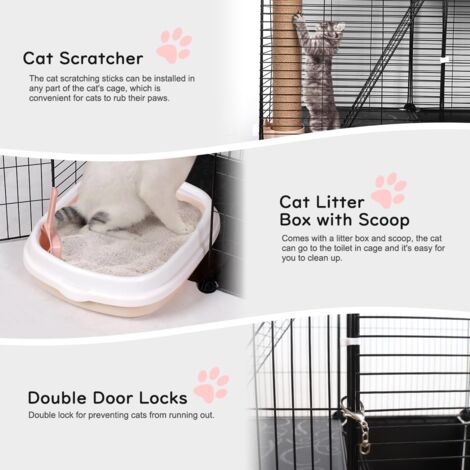Cat Cages Indoor, 3 Tier DIY Cat Enclosure with Large Hammock, Metal Wire Cat House Kennels Crate Catio with Cat Litter Box, Cat Bed, Scratchers, Bowl, Stairs for 1-2 Cats