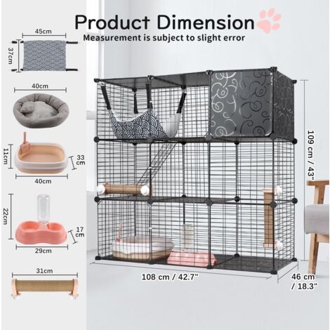 Cat Cages Indoor, 3 Tier DIY Cat Enclosure with Large Hammock, Metal Wire Cat House Kennels Crate Catio with Cat Litter Box, Cat Bed, Scratchers, Bowl, Stairs for 1-2 Cats