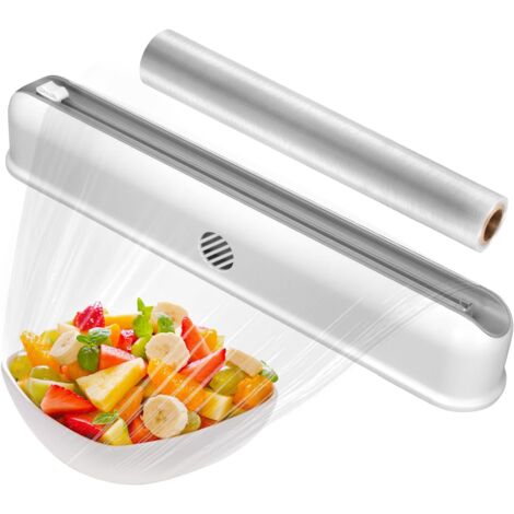 Cling Film Dispenser and Cutter, Magnetic Tin Foil Dispenser Refillable Plastic Wrap Cutter with Suction Cup for Kitchen Home Restaurant, 1 Cling Film Roll Included (White)