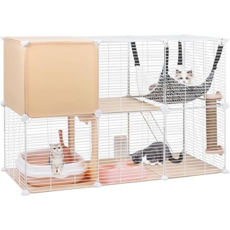 2 Tier Cat Cages Indoor, DIY Metal Wire Cat Enclosure Kennel Pet Home Small Animal House Detachable Cat Crate Indoor Catio with Cat Bed, Hammock, Scratcher, Bowl, Litter Box, Stairs