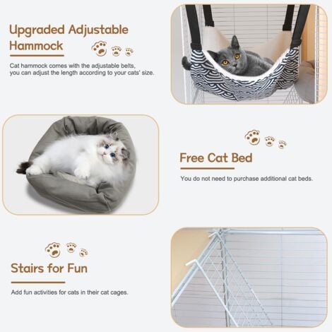 2 Tier Cat Cages Indoor, DIY Metal Wire Cat Enclosure Kennel Pet Home Small Animal House Detachable Cat Crate Indoor Catio with Cat Bed, Hammock, Scratcher, Bowl, Litter Box, Stairs