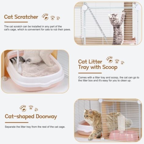 2 Tier Cat Cages Indoor, DIY Metal Wire Cat Enclosure Kennel Pet Home Small Animal House Detachable Cat Crate Indoor Catio with Cat Bed, Hammock, Scratcher, Bowl, Litter Box, Stairs