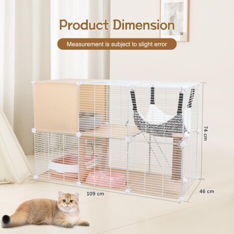 2 Tier Cat Cages Indoor, DIY Metal Wire Cat Enclosure Kennel Pet Home Small Animal House Detachable Cat Crate Indoor Catio with Cat Bed, Hammock, Scratcher, Bowl, Litter Box, Stairs