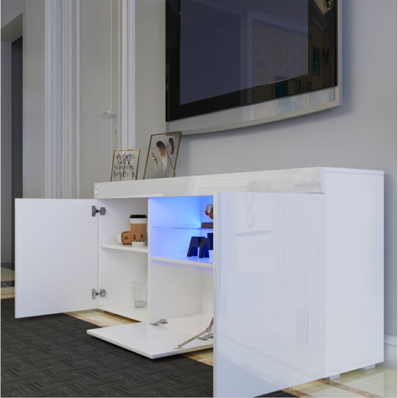 Meuble TV Blanc Et Bois 160cm – Avec éclairage LED Et 8 étagères, Pour TV Jusqu’à 70 Pouces | Meuble Salon Moderne Rangement