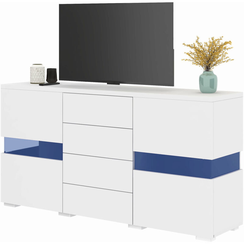 Buffet LED 160 Cm Avec 4 Tiroirs Et 2 Portes - Meuble TV Blanc Brillant Avec Éclairage RGB