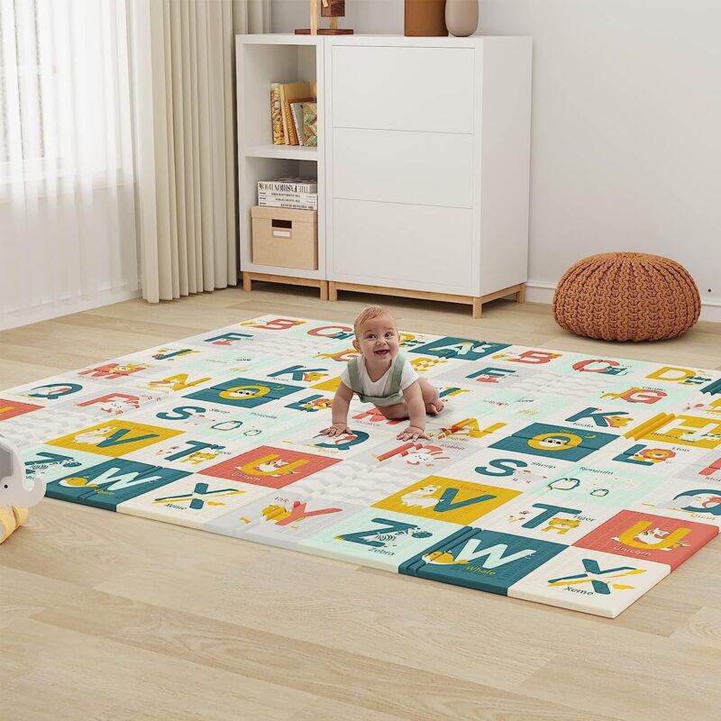 Tapis Rampant Bébé 200x180 Cm Double Face - Mousse EVA, Lettres Et Animaux, Imperméable, Pour Jeu Et Apprentissage